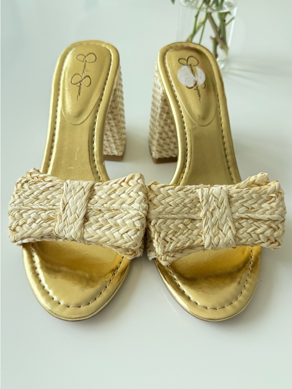 Jessica Simpson Gold Metallic Slide Mules with Natural Straw Bow